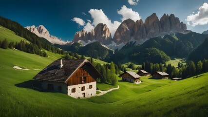 An idyllic scene of verdant meadows and tiny settlements tucked away among towering peaks in the Dolomites, Italy - obrazy, fototapety, plakaty