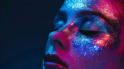 Holographic makeup artist tutorial with virtual beauty techniques, glamorous dark studio - obrazy, fototapety, plakaty