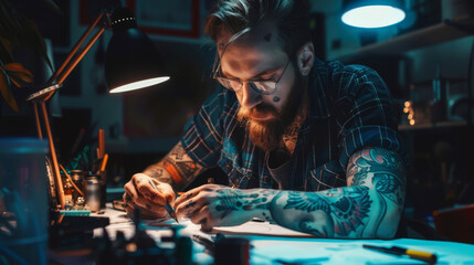 Holographic tattoo artist designing 3D tattoos, artistic dark studio environment