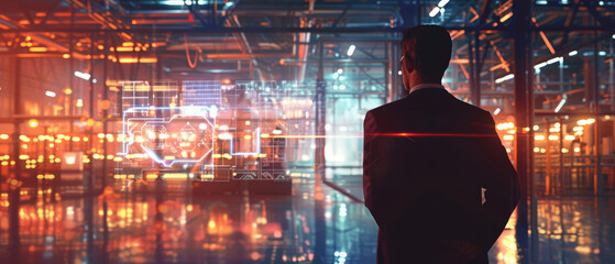 Industrial tycoon inspecting holographic factory layouts, modern manufacturing theme - obrazy, fototapety, plakaty