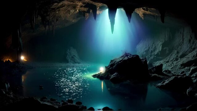 a dark cave with a flowing river and light shining through the ceiling