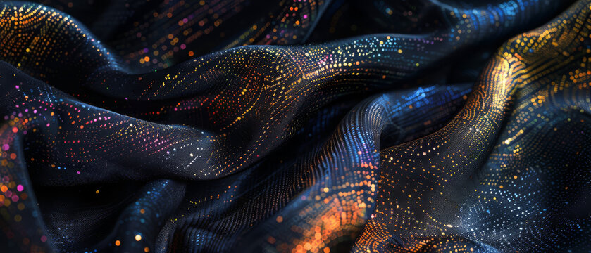Dark, luxurious fabric close-up with colorful, shimmering threads woven throughout