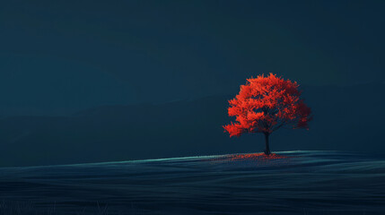 Dark, minimalist landscape with a single, vividly colored tree standing alone