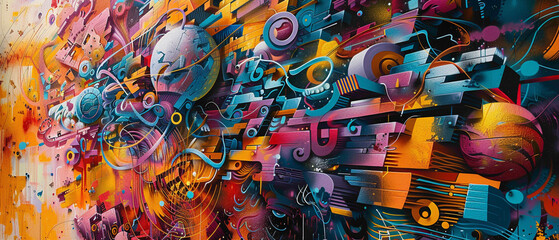 Fototapeta na wymiar Dynamic graffiti-style lettering dances alongside intricate abstract patterns, resulting in a captivating street art masterpiece that invigorates the urban landscape with its vibrant energy.