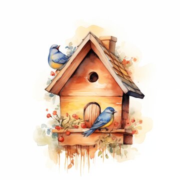recommend clip art: Bird house. Bird house clipart. Watercolor illustration. Generative AI. Detailed illustration.