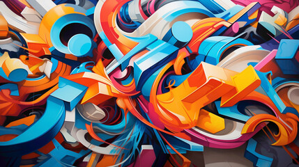 Dynamic lines and shapes converge to form graffiti-style lettering, accentuated by abstract patterns that transform a nondescript wall into a vibrant urban canvas.