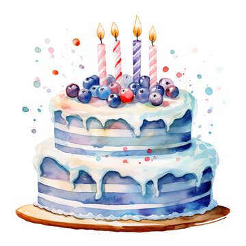 Birthday cake. Party cake clipart. Watercolor illustration. Generative AI. Detailed illustration.
