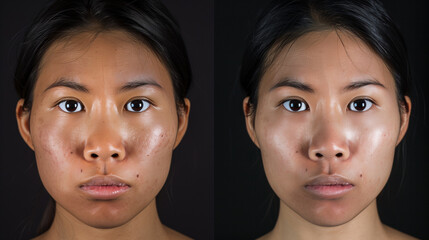 Left Image: Asian female, 25 years old, frontal portrait, nasolabial folds and visible pores, hair...