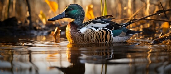 Obraz premium A duck with feathers is gracefully gliding through the calm surface of a serene body of water