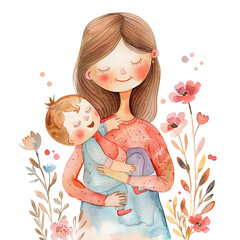 Whimsical watercolor illustration of a mother holding her baby, floral background, mother's day graphics, relationship between mother and children