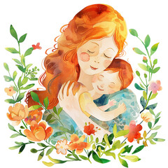 Watercolor illustration of a mother and her baby surrounded by flowers, mother's day graphics, relationship between mother and children