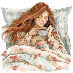 Watercolor illustration of a mother enjoying a cup of coffee in bed, mother's day graphics, relationship between mother and children