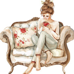 Watercolor illustration of a mother taking time off  enjoying a big cup of coffee, mother's day graphics, relationship between mother and children