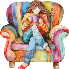 Watercolor illustration of a mother taking time for herself, enjoying a big cup of coffee, mother's day graphics, relationship between mother and children