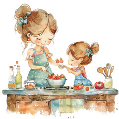Watercolor illustration of a mother teaching her daughter to cook, mother's day graphics, relationship between mother and children