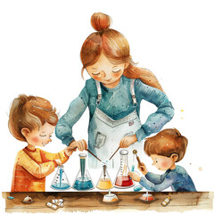 Watercolor illustration of a mother doing a science project with her children, mother's day graphics, relationship between mother and children