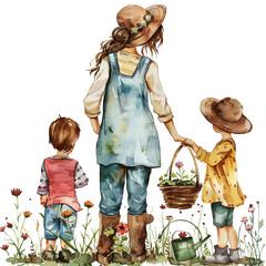 Watercolor illustration of a mother planting flowers with her children, mother's day graphics, relationship between mother and children