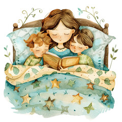 Watercolor illustration of a mother reading a bedtime story to her children, mother's day graphics, relationship between mother and children