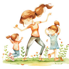 Watercolor illustration of a mother having fun with her daughters in the garden, mother's day graphics, relationship between mother and children