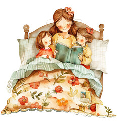 Watercolor illustration of a mother reading a bedtime story to her daughters, mother's day graphics, relationship between mother and children