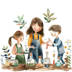 Watercolor illustration of a mother doing a science project with her son and daughter.  Mother's day graphics, relationship between mother and children