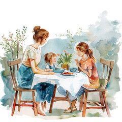 Watercolor illustration of a mother bonding with her daughters over a snack.  Mother's day graphics, relationship between mother and children
