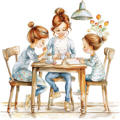 Watercolor illustration of a mother sharing time together.  Mother's day graphics, relationship between mother and children