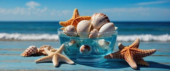 Beach scene concept with sea shells and starfish on a blue wooden background