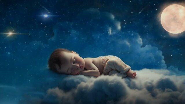 Cute baby is sleeping peacefully on a starry cloud, seamless looping animation video background 