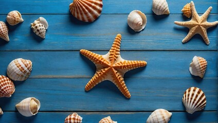 Beach scene concept with sea shells and starfish on a blue wooden background