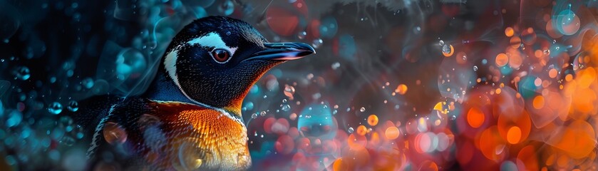 The intersection of technology and nature encapsulated in an art piece featuring a penguin in a digital world, Drone Shot, 8K resolution, Macro Magic - obrazy, fototapety, plakaty