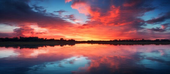 Obraz premium A peaceful lake mirroring a vibrant sunset sky with fluffy clouds in the horizon