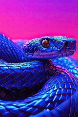 Close-up image of a blue snake on a purple background.