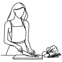 Woman Cooking at Home Sketch Drawing.