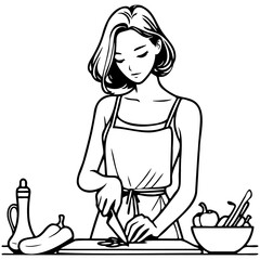 Woman Cooking at Home Sketch Drawing.