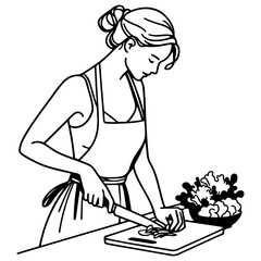 Woman Cooking at Home Sketch Drawing.