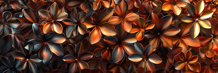 Flowers are made from the same metals as knights armor, with petals in shades of polished steel, copper, and brass, reflecting the sunlight in a serene way created with Generative AI Technology - obrazy, fototapety, plakaty