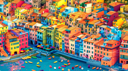 Colorful digital art of a bustling coastal village with dense, multicolored buildings by the sea