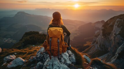 Explorer Young woman With Backpack Walking In Forest, Rear view. Adventure woman with backpack going on a camping. National park, Forest, Traveler