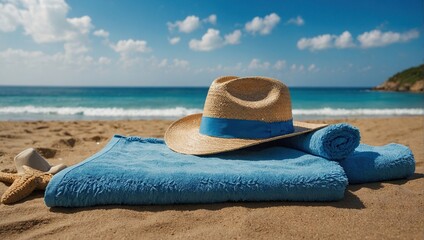 Blue towel with hat and summer beach - Powered by Adobe