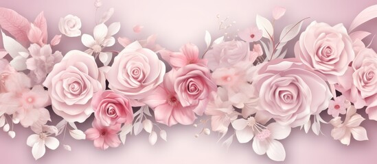 Fresh pink roses and delicate leaves arranged beautifully on a soft pink backdrop creating a charming display