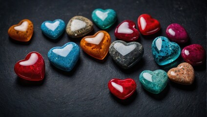 Colorful heart-shaped stones arranged on a dark textured background with space for text