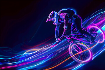 Neon outlines of a mountain biker in action isolated on black background.