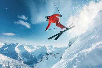 Professional skier performing aerial trick off snow ramp against blue sky and snowy mountain landscape, extreme winter sports action photography - obrazy, fototapety, plakaty