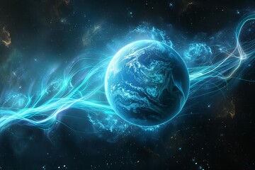 Glowing blue planet earth with shimmering energy waves in dark space, science fiction digital illustration - obrazy, fototapety, plakaty