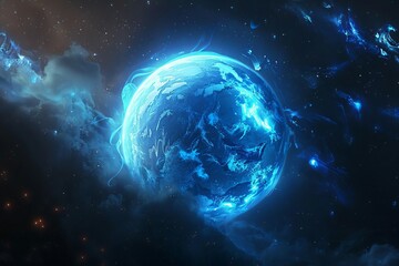 Glowing blue planet earth with shimmering energy waves in dark space, science fiction digital illustration