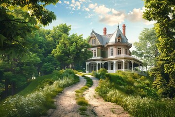 Fototapeta na wymiar Dirt road winding up hill towards grand three-story Victorian mansion surrounded by lush greenery, realistic 3D illustration