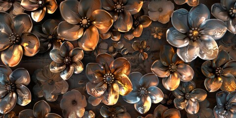 Flowers are made from the same metals as knights armor, with petals in shades of polished steel, copper, and brass, reflecting the sunlight in a serene way created with Generative AI Technology - obrazy, fototapety, plakaty