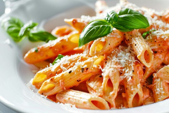 Penne pasta in creamy pink vodka sauce garnished with parmesan cheese and basil, traditional Italian cuisine