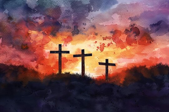 Three wooden crosses silhouetted against a dramatic sunset sky on Golgotha hill, watercolor concept illustration